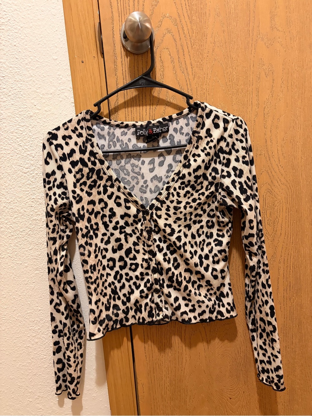Polly & Esther Beige and Black Leopard-Print Long-Sleeve Button Top
